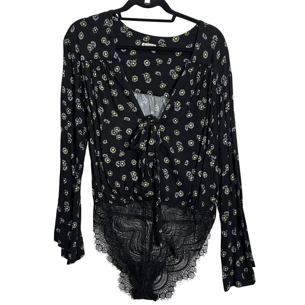 Intimately Free People Black Daisy Floral Lace Bodysuit Medium M Spring Summer